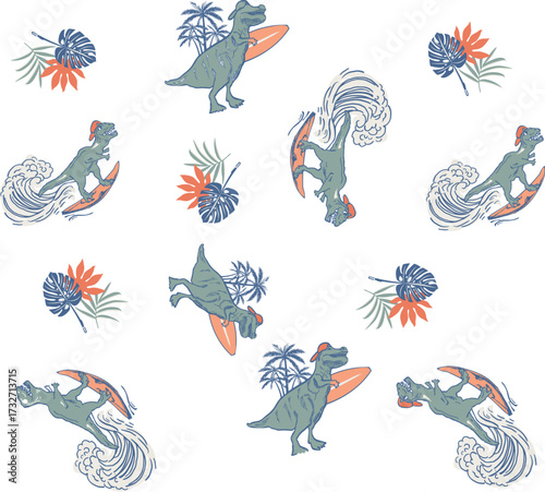 Funny Surfing Dinosaur Illustration with Tropical Leaves