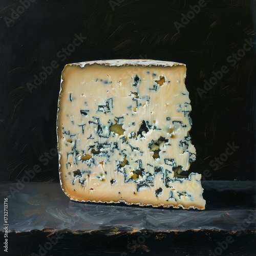 A single cut piece of blue cheese, vintage oil painting style, dark plain background, cool white light, visible brushstrokes, detailed cheese texture, simple still life composition, no extra objects 