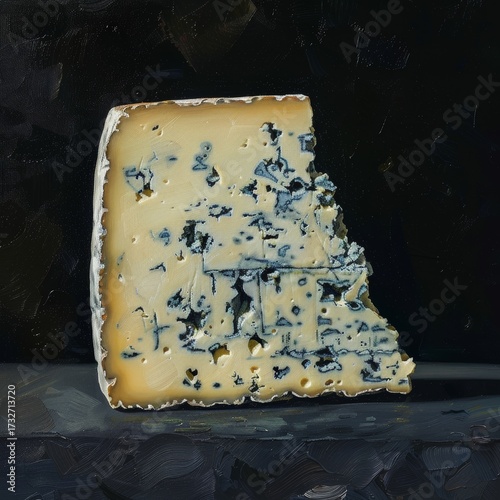 A single cut piece of blue cheese, vintage oil painting style, dark plain background, cool white light, visible brushstrokes, detailed cheese texture, simple still life composition, no extra objects 