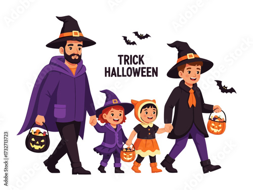 Halloween Family Outing: A lively family, adorned in festive Halloween costumes, joyfully strolls together.