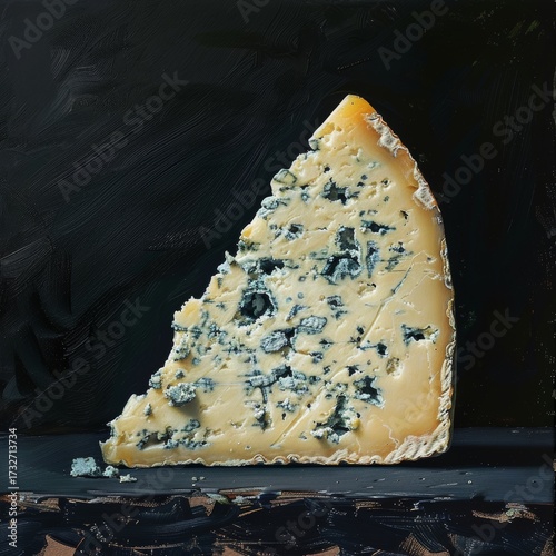 A single cut piece of blue cheese, vintage oil painting style, dark plain background, cool white light, visible brushstrokes, detailed cheese texture, simple still life composition, no extra objects 