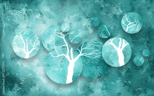 Fototapeta Modern mural with artistic blue tree illustration on abstract background.