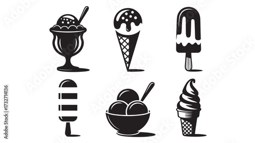 Set of black and white ice cream icons vector illustration of frozen desserts isolated on a white background