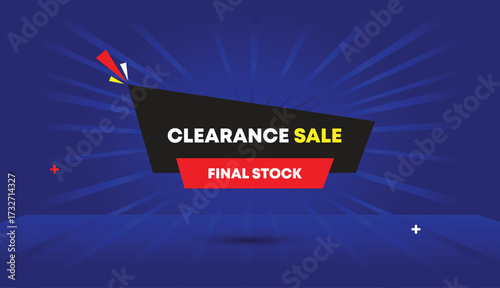 Clearance Sale Final Stock Web Banner Vector Art Illustration Badge Icon Label Black Gray Red Shapes Dark Light Blue Sun Shine Abstract Business Background
