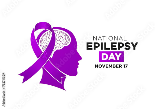 National epilepsy day awareness graphic with purple ribbon and brain illustration isolated on transparent background