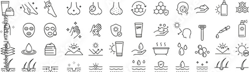 Skincare and hygiene icon set, black and white grid of products, anatomy, protection, and treatment symbols, cad drawing flat vector illustration
