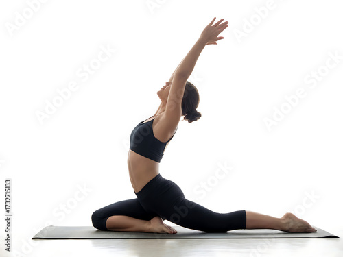 A woman doing yoga, full-length photo on a white background