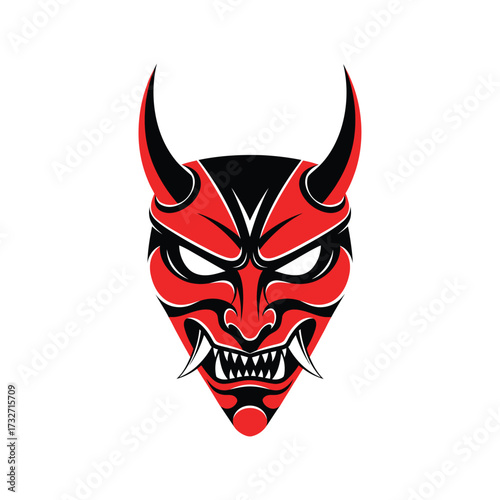 Fierce red oni mask with sharp teeth and horns