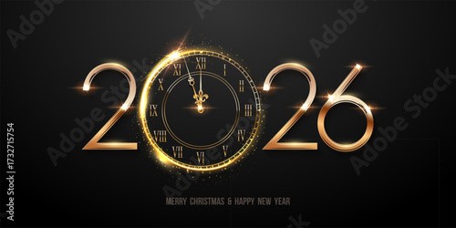 2026 Happy New Year greeting card vector illustration. Festive Christmas social media banner. 2026 clock countdown background with golden numbers, clock and congratulation text on black.