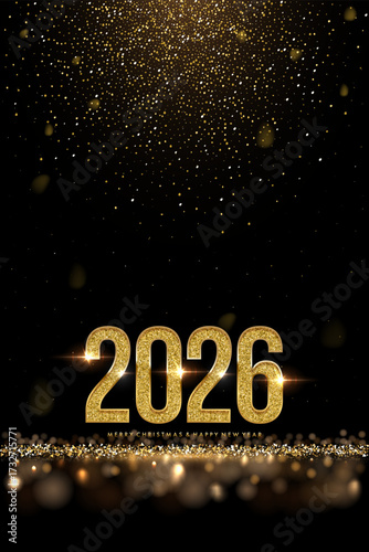 2026 Happy New Year greeting card vector background. 2026 golden numbers with falling confetti and glow light effects on black. Luxury festive sparkle holiday postcard, invitation, banner.