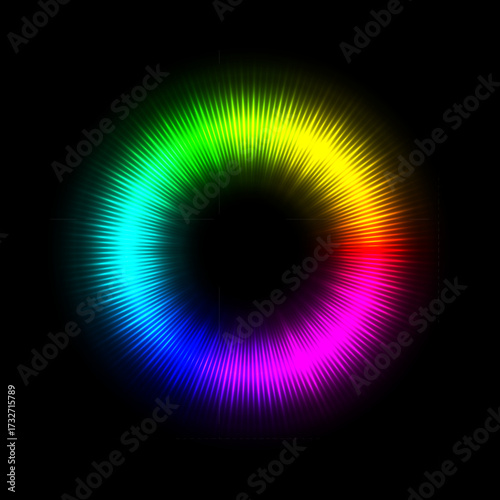 Glowing color ring. Vibrant circular spectrum with radial light beams on black background. Neon rainbow wheel for digital art, color theory, design, technology. Abstract vector illustration.