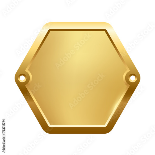 Blank golden nameplate plaque with screw holes. Metallic hexagon label for engraving, signage, awards, door signs. Realistic vector illustration.