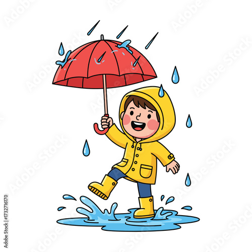 Happy child in yellow raincoat jumping in puddles with red umbrella