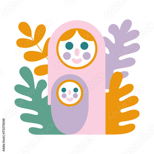 Mother and baby nested dolls in naive style with colorful foliage background