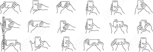 Smartphone gesture icons, mobile UX design, touchscreen interaction, hand movements, UI navigation, minimalist line set, black white vector pack