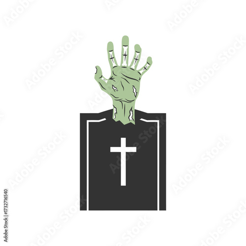 Zombie hand reaching out of a grave in a horror or Halloween theme