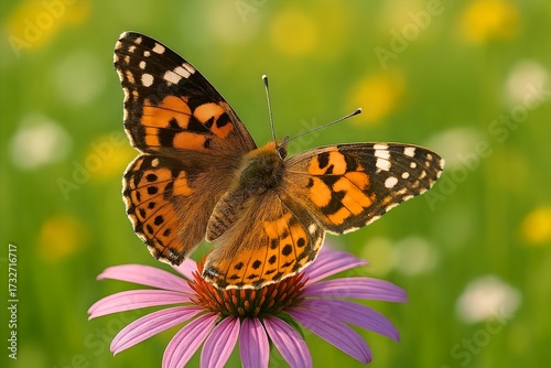 Colorful butterfly perched on flower in spring garden