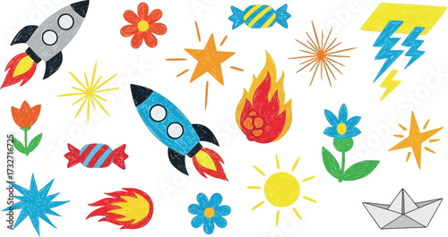Vector art of assortment of crayonstyle drawings featuring rockets, flowers, stars, sun, lightning, and a paper boat