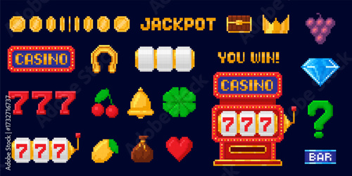Pixel art slot machine. Pixelated 8 bit casino 777 lucky symbols, lemons, bells, diamonds, hearts, clover, horseshoe, jackpot and bar signs. Retro video game style gambling icons vector set