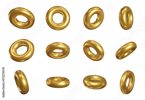 Golden rings. Gold torus 3D shape, shiny donut and luxury circular geometric forms from multiple angles. Decorative abstract realistic metallic hoop elements isolated vector set
