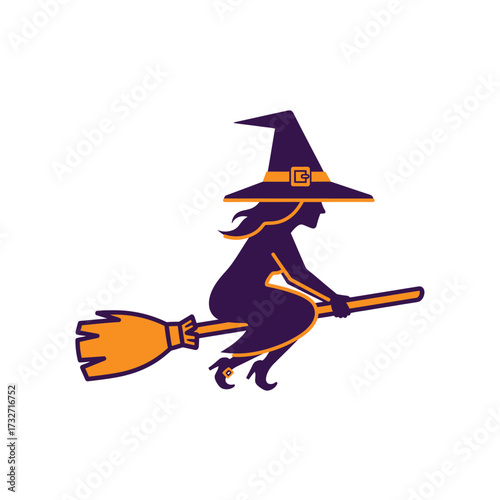 Silhouette of a witch flying on a broomstick at night