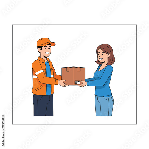 Delivery person handing a package to a happy customer, logistics concept
