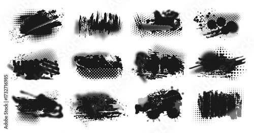 Grunge halftone textures. Mixed media ink brush strokes with distressed halftone pattern effects, dirty paint splatter shapes and rough urban graffiti style backgrounds vector set
