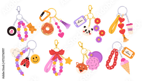 Cute cartoon keychains. Kawaii keychain charms, adorable keyrings for girls and cartoon charm accessories with animal faces, beads and tags isolated vector illustration set