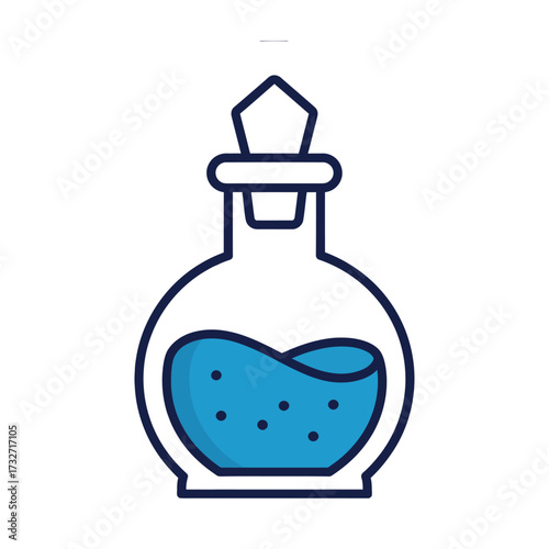 Glass potion bottle filled with blue liquid and bubbles