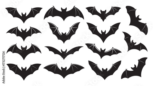 Collection of bat silhouettes vector illustration of flying mammals isolated on white background for Halloween designs