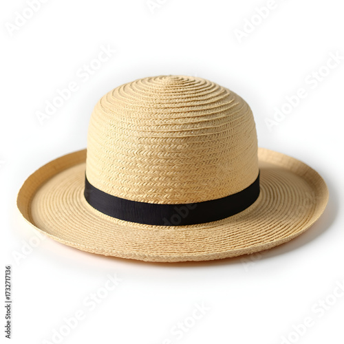 A small round straw sun hat with a black ribbon on a white background.