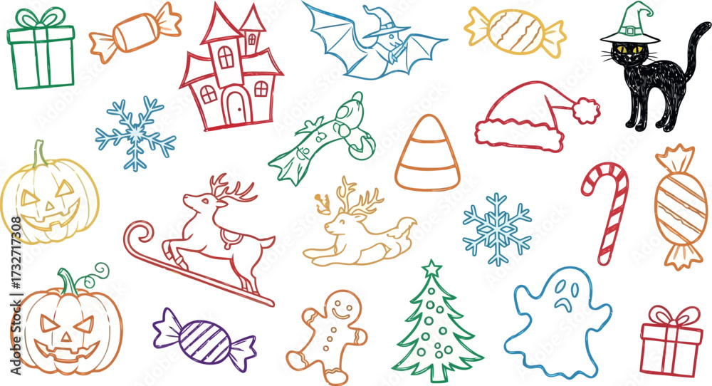 Fototapeta premium Vector art of assortment of holidaythemed cartoon drawings