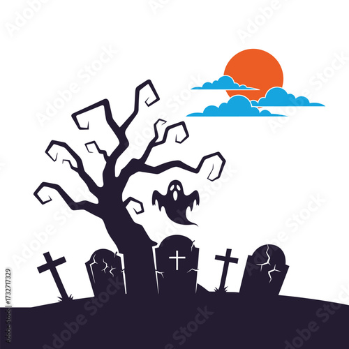 Spooky halloween graveyard scene with a haunted tree and ghost