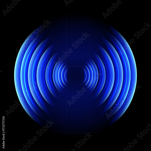 Sound wave ring. Glowing neon blue wifi, wireless network, signal circle with futuristic motion ripple effect isolated on black background. Tech abstract vector illustration.