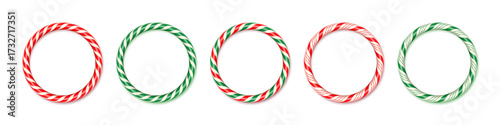 Candy cane circle frames in red, green, and mixed colors with twisted stripe design. Round Christmas borders for festive labels, tags, or holiday messages. Realistic vector illustrations set.