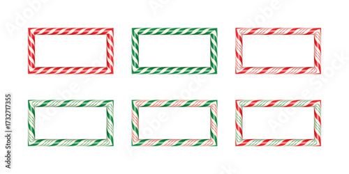 Colorful candy cane borders in red, green, and white stripes. Festive rectangular frames with twisted peppermint design for holiday cards, or Christmas decor. Realistic vector illustrations set.