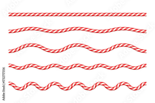 Red and white candy cane ropes in various wave patterns. Festive twisted lines with increasing curvature for Christmas borders, dividers, decorative holiday designs. Realistic vector illustrations