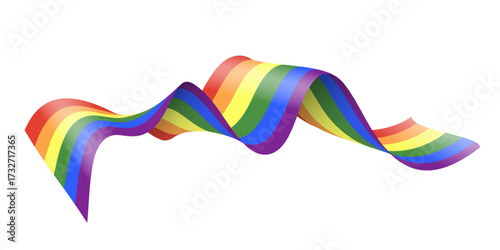 Rainbow pride ribbon with six vibrant colors. Wavy LGBTQ banner with dynamic flowing curves representing equality, diversity, love. Symbol of inclusivity. Realistic vector illustration.