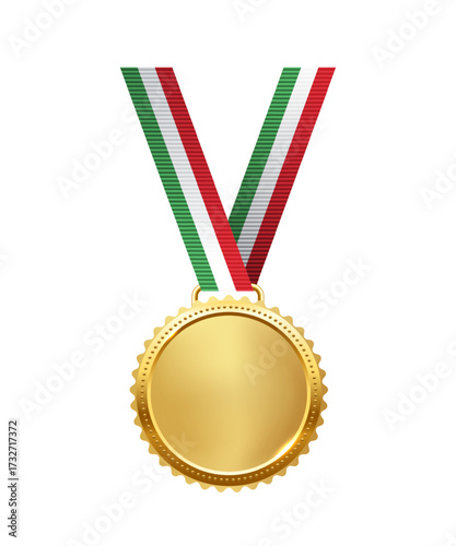 Golden medal. Realistic 3D award medal with ribbons, symbolising first place in sports, competitions, and athletic events. Vector illustration.