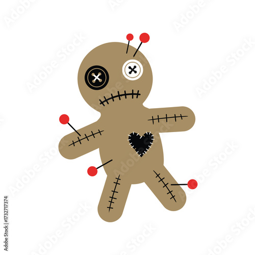 Voodoo doll with pins stuck in it on white background