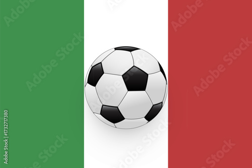 Italian flag with soccer ball background. Official emblem of Italy and football symbol for sport, team, competition , travel, culture, celebration themes. Vector illustration.
