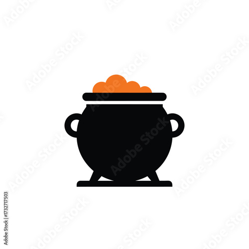 Black cauldron bubbling with orange potion on a white background
