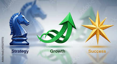 Conceptual representation of strategy growth and success depicted through a knight arrow and star on a gradient background
