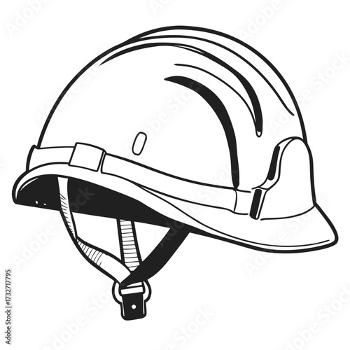 Black and white sketch of a construction hard hat with straps on white background Keywords: hard hat