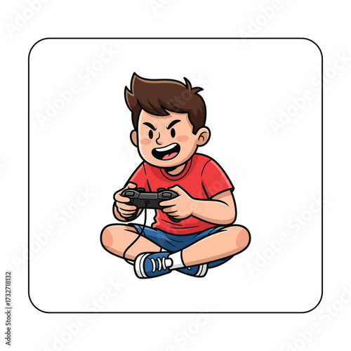 Excited young boy playing video games with a controller, focused and happy expression