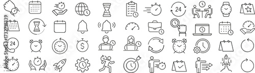 Time management and productivity icon set, black and white grid of business, planning, and goal achievement symbols, cad drawing flat vector illustration