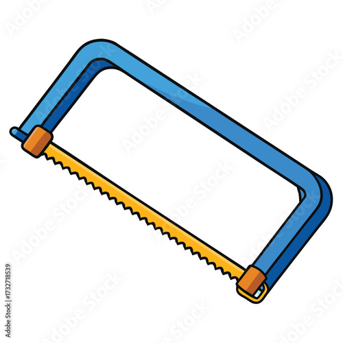 Blue hacksaw with yellow blade and orange grips on white background Keywords: hacksaw, saw, tool