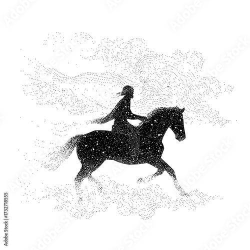 Silhouette of a person riding a horse rendered with stippling technique on a white background art piece