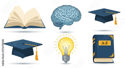 Illustration set of education and knowledge symbols, including book, brain, graduation cap, light bulb, and dictionary