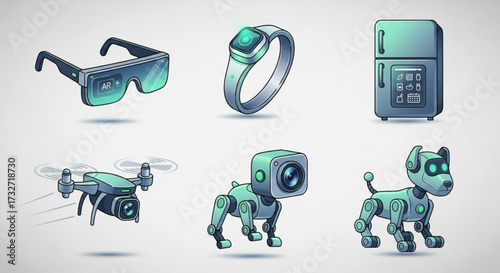 Set of futuristic technology devices and robots glasses, watch, fridge, drone, dog